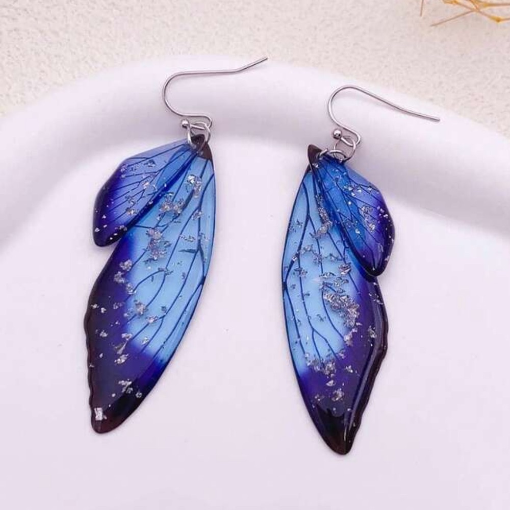 Gold Foil Blue Cicada Wing‎ Earrings
